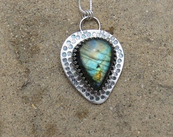 S-213  Blue Green Gold Labradorite Sterling Silver Pendant Necklace, OOAK, Hammered, Forged, Silversmith