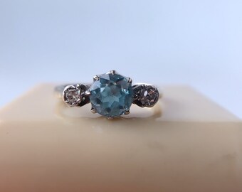 Beautiful Edwardian Blue Zircon and Diamond Three Stone Ring set in Platinum and 9ct Gold