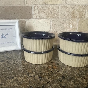Set of 4 Great American Stoneware Factory Ramekin Souffle Dish Cobalt Glaze Ovenware Western