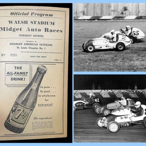 May include: Vintage program cover for Walsh Stadium Midget Auto Races, featuring a 7-Up advertisement. The program is held by a hand. The image also includes three black and white photos of race cars.