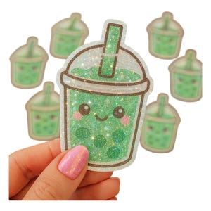 Kawaii Matcha Boba Glitter Sticker Milk Bubble Tea for Water Bottles Journals Laptops