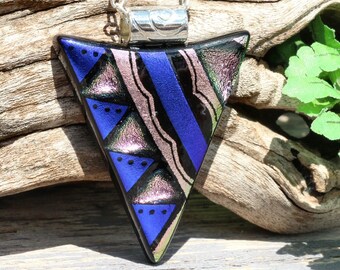 Dichroic Glass Pendant, Fused Glass Jewelry, Necklace; Modern, Geometric, Tribal - Indigo Blue, Silver Pink / 48mm x 36mm (Item #10713-P)