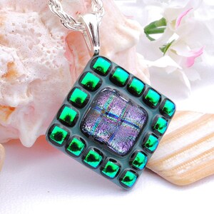 Mosaic Art, Dichroic Glass Pendant, Fused Glass Jewelry, Tribal, Purple, Emerald (Item 10115-P)