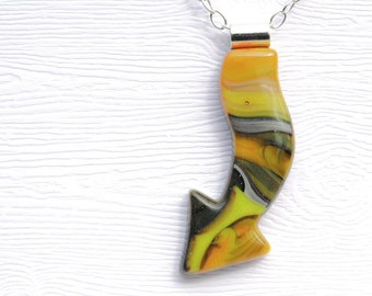 Arrow Pendant, Fused Glass Jewelry - Hidden Earth Series, Pointer, Tribal - Yellow, Mustard, Dark Green, Lime Green (Item 10638-P)