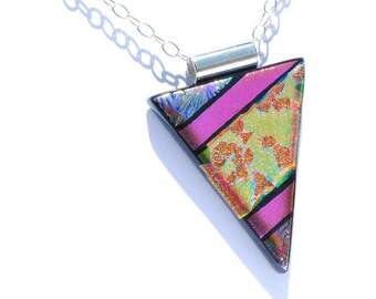 Dichroic Glass Pendant LARGE, Fused Glass Jewelry, Bold Design, Geometric, OOAK - Bright Colors including Orange, Gold, Pink (Item #10676-P)