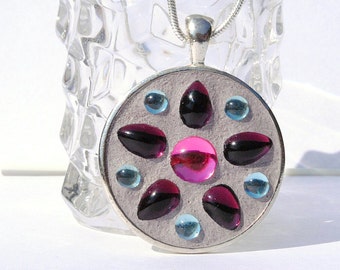 Necklace, Glass Pendant, Vintage Cabochons, Floral Design, Mosaic Pendant, Round, Purple Blue Pink  (Item 10230-P)