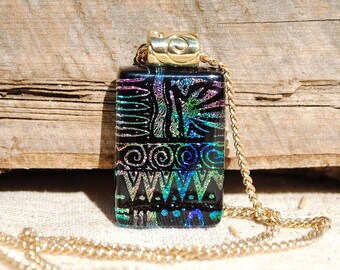 Dichroic Fused Glass Jewelry, Dichroic Glass Pendant, Small - Hieroglyphics, Aztec, Tribal  - Pink Purple Green Blue (Item #10594-P)