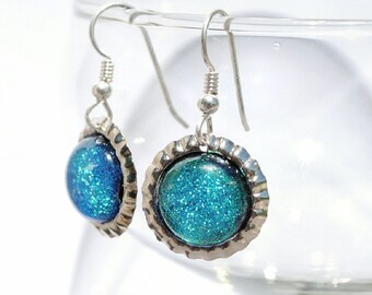 Mini Bottle Cap Dichroic Glass Earrings, Fused Glass Jewelry, Sterling Silver Hooks - Pastel Shimmer, Spring - Teal (Item #30827-E)