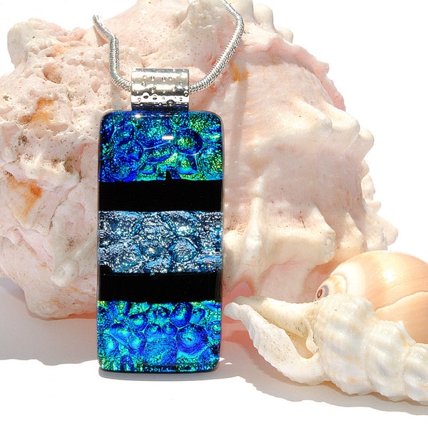 Dewdrops, Dichroic Pendant, Fused Glass Jewelry, Unique, Waterdrops, Raindrops, Blue Green Silver Black  (Item 10457-P)