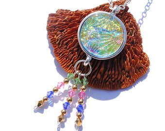 Dichroic Pendant, Swarovski, Gypsy, Bohemian, Fused Glass Jewelry Necklace, Round, Boho, Fireworks, Pastels (Item 10448-P)