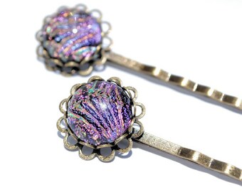 Dichroic Bobby Pins (one pair), Fused Glass Hair Jewelry - Antique Bronze, Victorian Filigree Flower - Shimmering Multicolors (Item 50127-B)