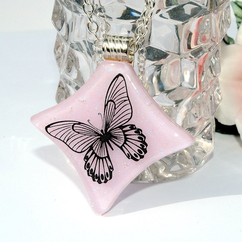 Butterfly Pendant, Fused Glass Jewelry, Dichroic Pendant, Light Pink Pastel, Spring Item 10006-P image 2