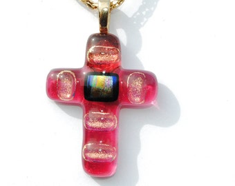 Pink and Gold Transparent Fused Glass Cross Pendant, Dichroic Glass, Spring, Easter (Item 10154-PC)
