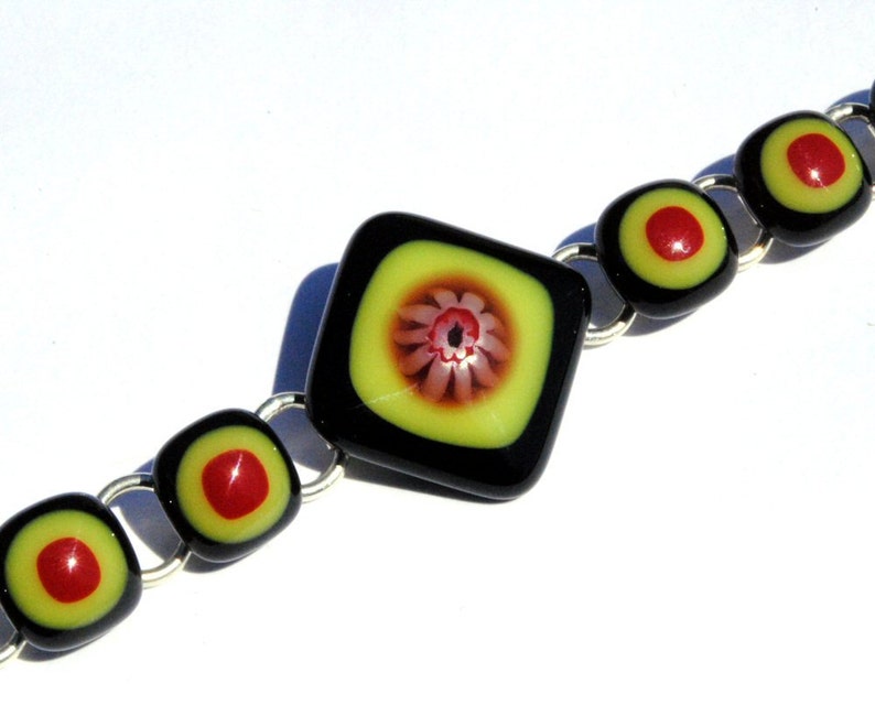 Millefiori Bracelet, Dichroic Fused Glass Jewelry, Dichroic Bracelet, Orange, Black, Red, Floral Item 20002-LB image 5