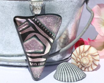 Dichroic Glass Pendant, Fused Glass Jewelry, Necklace; Modern, Contemporary, Geometric, Pastel - Silver Pink / 58mm x 36mm (Item #10715-P)