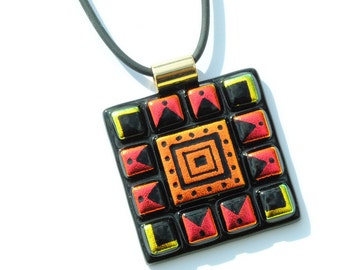 Mosaic Etchings - LARGE Dichroic Glass Pendant Necklace, Fused Glass - Wearable Art, Southwestern, Aztec, Orange Gold Red (Item 10532-P)