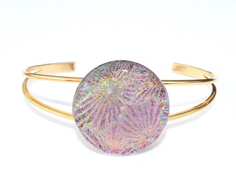 Dichroic Glass Cabochon Bracelet, Fused Glass Jewelry - Pastel Dreams, Starburst, Spring, Pink, Gold, Green (Item 20095-B)