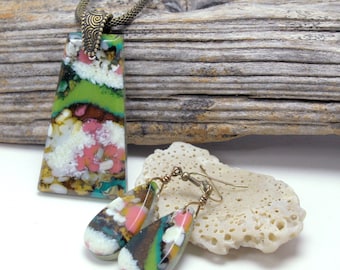 Fused Glass Pendant and Earring Set, Fused Glass Jewelry, Faux Agate, Artistic Glass, Colorful, Green Brown Pink Multi-Color (Item #10890-P)