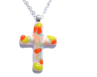 Fused Glass Cross Pendant, Fused Glass Jewelry, Art Glass, OOAK, Jesus, Love, Faith, Religious - Retro, Bright, Youth (Item #10670-P)