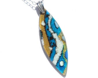 LARGE Fused Glass Pendant, Fused Glass Jewelry, Organic Stone Agate Look, Beach, Sand, Water, Seashore - Gold Blue White Tan (Item #10767-P)