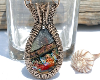 Fused Glass Jewelry, Wire Wrapped Pendant, Wire Wrapping, Wire Weaving, Dichroic Glass, Bohemian Boho, Bronze, Earth Tones (Item #10886-P)