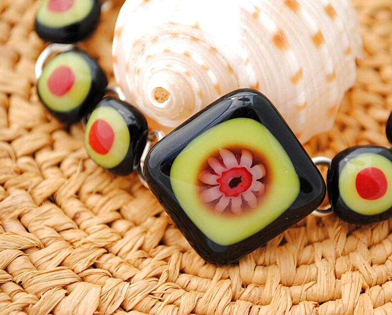 Millefiori Bracelet, Dichroic Fused Glass Jewelry, Dichroic Bracelet, Orange, Black, Red, Floral Item 20002-LB image 4