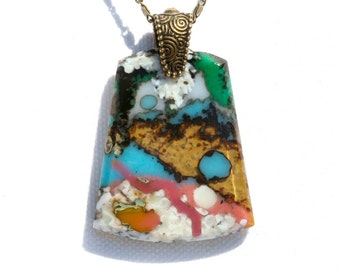 Fused Glass Pendant, Fused Glass Jewelry, Organic Stone Agate Look, Artistic Glass, Colorful - Pink Blue Tan Multi-Color (Item #10759-P)