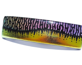 Fused Glass Barrette; Dichroic Glass Original Design; Large French Style Barrette; Hand-Etched Designs; Gold, Pink, Black (Item #50093-B)
