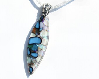 Fused Glass Jewelry, LARGE Pendant, Organic Earth Tones, Rock Pebbles, Dichroic Glass, Iridescent Shimmer, Blue White Brown (Item #10725-P)