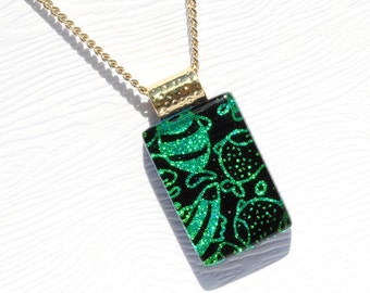 Fused Glass Jewelry, Dichroic Glass Pendant, Small - Fish Doodle Art, Kawaii, Aquatic, Sea Life, Ocean  - Green, Black (Item #10599-P)