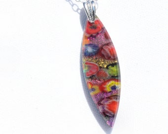 Fused Glass Jewelry, Dichroic Pendant, Dichroic Glass, Bright, Colorful, Festive, Fiesta, Pink Yellow Red Glue Green (Item #10756-P)