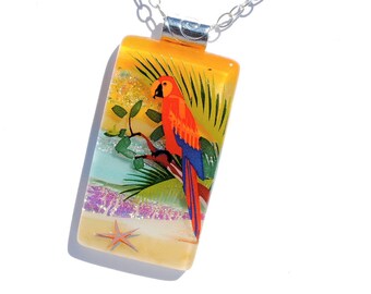 LARGE Dichroic Fused Glass Pendant, Fused Glass Jewelry, Nature, Macaw, Parrot,  Beach, Sea, Tropical Colorful (Item 10690-P)