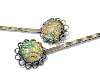 Dichroic Bobby Pins (one pair), Fused Glass Hair Jewelry - Antique Bronze, Victorian Filigree Flower - Orange, Gold, Green (Item 50130-B)