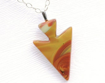 Arrowhead Pendant, Fused Glass Jewelry - Hidden Earth Series, Unisex, Tribal, Geometric - Mustard, Tan, Rust, Orange (Item 10630-P)