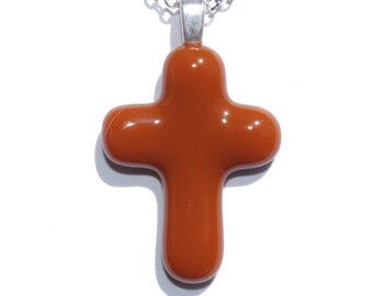 Youth Cross Pendant, Fused Glass Jewelry, Glass Pendant, Jesus Christ, Faith, Hope, Love, Spiritual, Youth, Caramel (Item 10423-P)