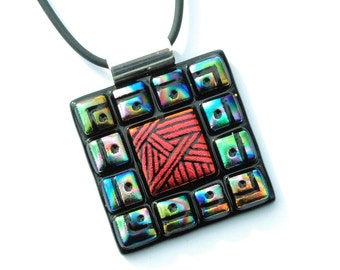 Mosaic Etchings - LARGE Dichroic Glass Pendant Necklace, Fused Glass - Wearable Art, Contemporary, Modern, Colorful (Item 10537-P)
