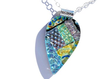 Large Fused Glass Pendant, Dichroic Glass Pendant, Fused Glass Jewelry - Abstract, Pastels, Chain Included, 2-1/4" x 1-1/8" (Item #10697-P)