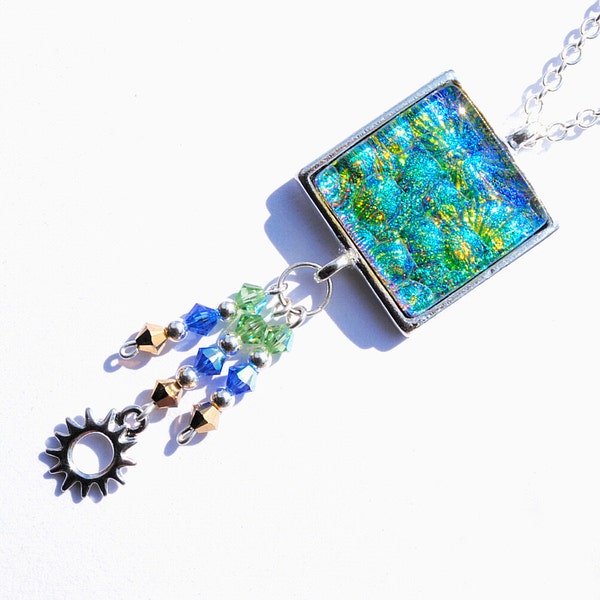Dichroic Pendant, Swarovski, Boho, Fused Glass Jewelry, Square, Sun Burst Charm, Sterling Silver Beads, Blue, Green, Gold (Item 10443-P)