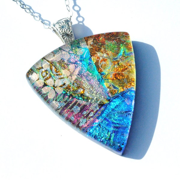 Dichroic Glass Pendant Necklace, Fused Glass Jewelry - LARGE, Wearable Art, Abstract - Colorful, Bright, Summer Gift (Item 10526-P)