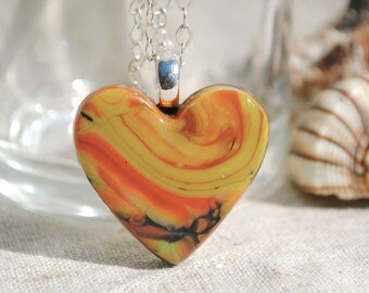 Small Heart Pendant, Fused Glass Jewelry - Hidden Earth Series, Rustic, Woodland, Boho - Beige, Yellow, Orange, Green, Black (Item 10650-P)