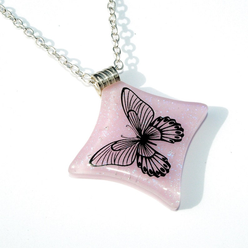 Butterfly Pendant, Fused Glass Jewelry, Dichroic Pendant, Light Pink Pastel, Spring Item 10006-P image 1