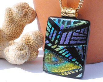 Hand Etched Dichroic Glass Pendant Necklace - Fused Glass Jewelry, Wearable Art, Abstract Geometric, Zentangle, Colorful (Item 10528-P)