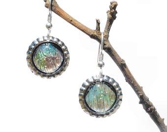 Mini Bottle Cap Dichroic Glass Earrings, Fused Glass Jewelry, Sterling Silver Hooks - Spring, Light Shimmering Pastels (Item #30836-E)