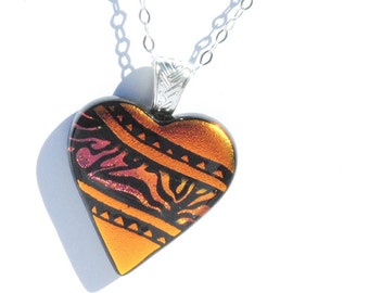 Small Heart Dichroic Glass Pendant, Fused Glass Jewelry - Love, Colorful, Bright, Bold - Hand Etching, Copper, Orange, Black (Item #10656-P)