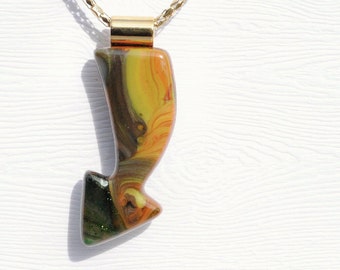 Arrow Pendant, Fused Glass Jewelry - Hidden Earth Series, Woodland, Bohemian, Tribal - Earthy, Brown, Yellow, Green (Item 10645-P)