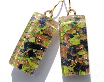 Fused Glass Earrings, Glass Frit, Fused Glass Jewelry, Rectangle, 18K Gold Plated, Woodland, Marbled Green Gold Blue, Glitter (Item 30330-E)
