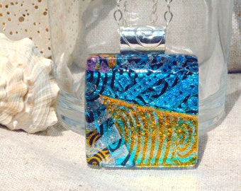 Fused Glass Jewelry, Fused Glass Pendant, Dichroic Glass Pendant - Abstract, Swirls - Colorful Bright, Modern, Retro (Item 10579-P)