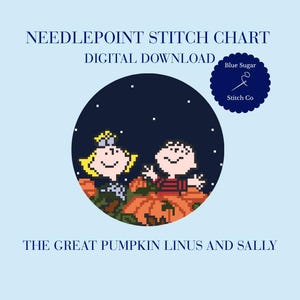 May include: A digital needlepoint stitch chart titled THE GREAT PINKIN LINUS AND SALLY featuring a circular pixel art design of two cartoon characters in a pumpkin patch at night under a starry sky, with a Blue Sugar Stitch Co logo.