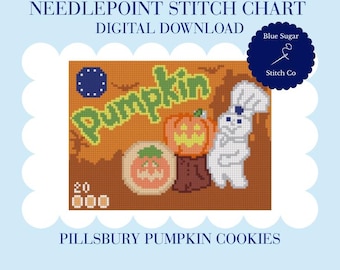 May include: A needlepoint stitch chart digital download featuring a pixelated design of Pillsbury pumpkin cookies. The graphic includes the text Pumpkin, the number 20,000, and a Blue Sugar Stitch Co logo on a light blue background with white scalloped edges.