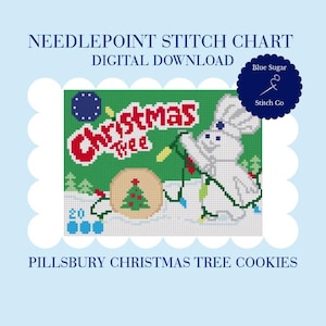 May include: A needlepoint stitch chart digital download featuring a pixelated design of the Pillsbury Doughboy holding Christmas lights. The text reads NEEDLEPOINT STITCH CHART, DIGITAL DOWNLOAD, Christmas Tree, 20, and PILLSBURY CHRISTMAS TREE COOKIES.